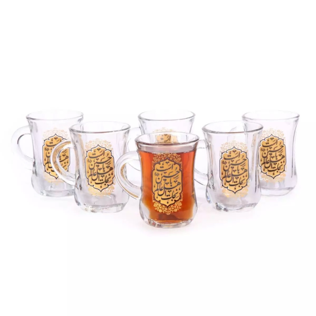 استکان کمر باریک دسته دار طرح نجات اهل عالم با حسین است- محرم