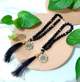 تسبیح 33 دانه پلاک دار کریستالی یافاطمه الزهرا - مشکی