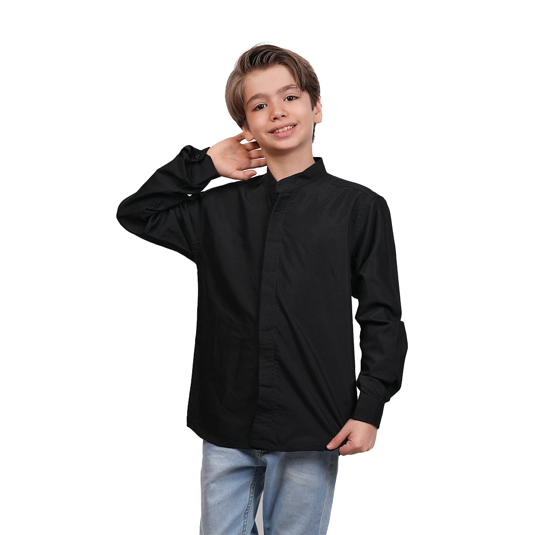 تصویر  پیراهن مشکی پسرانه آستین بلند یقه 3 سانت قاپک مخفی