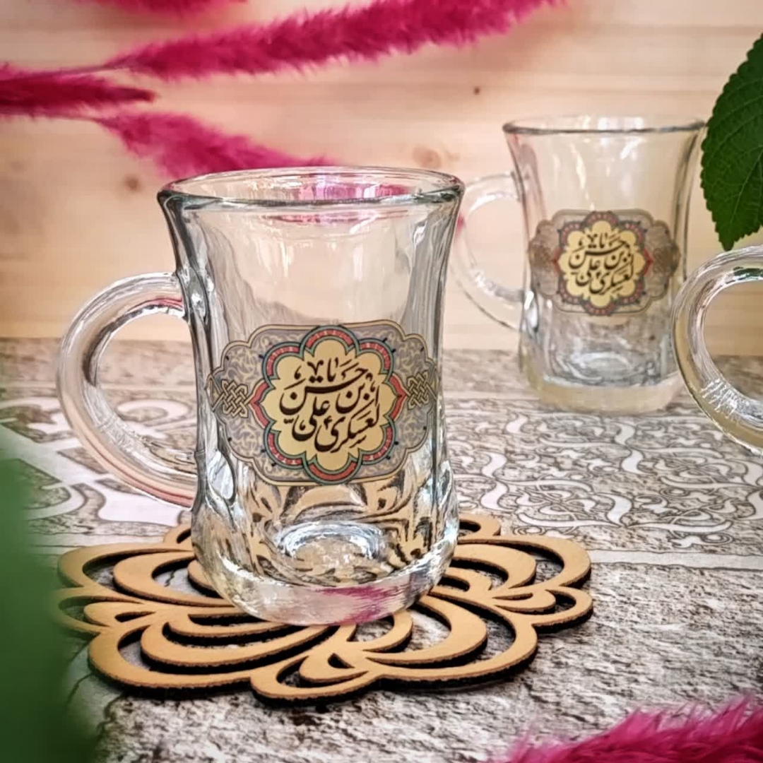 استکان کمر باریک دسته دار طرح یا حسن ابن علی العسکری