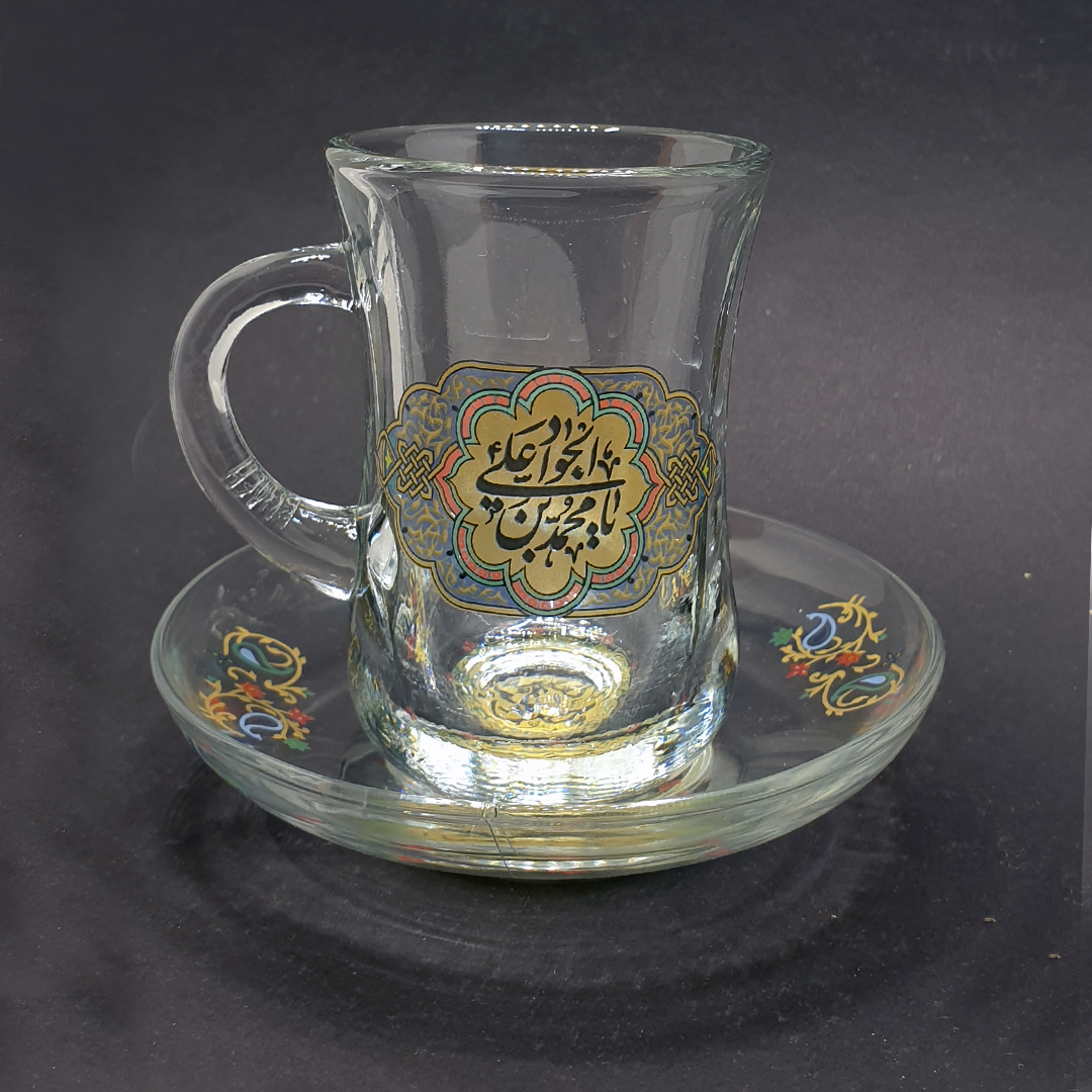 استکان کمر باریک دسته دار طرح یا محمد بن علی الجواد