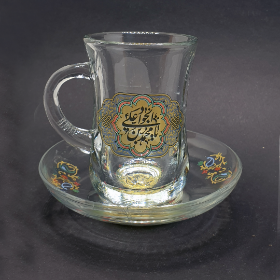 استکان کمر باریک دسته دار طرح یا محمد بن علی الجواد