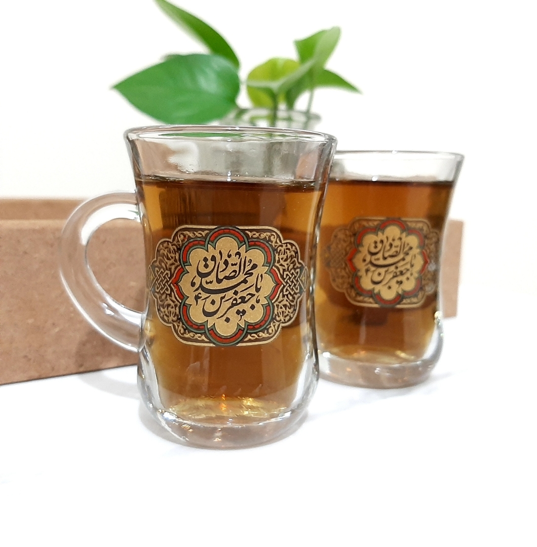 استکان کمر باریک دسته دار طرح یا جعفر بن محمد الصادق