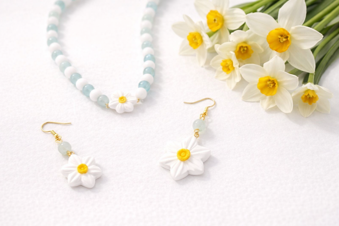 خرید ست گردنبند و دستبند و گوشواره با آویز گل نرگس- کد 4584- فروشگاه دیدار