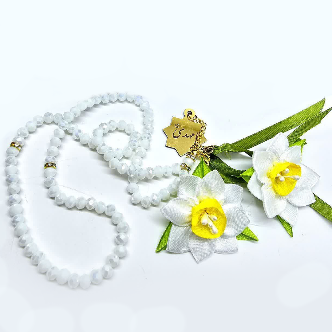خرید تسبیح 33 دانه پلاک دار امام عصر - گل نرگس روبانی- کد 6709- فروشگاه دیدار