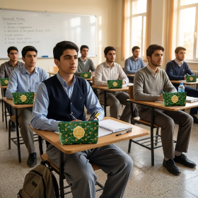 خرید جامدادی پارچه ای طرح مولای ما نمونه دیگر نداشته است - سبز نارنجی- کد 6834- فروشگاه دیدار